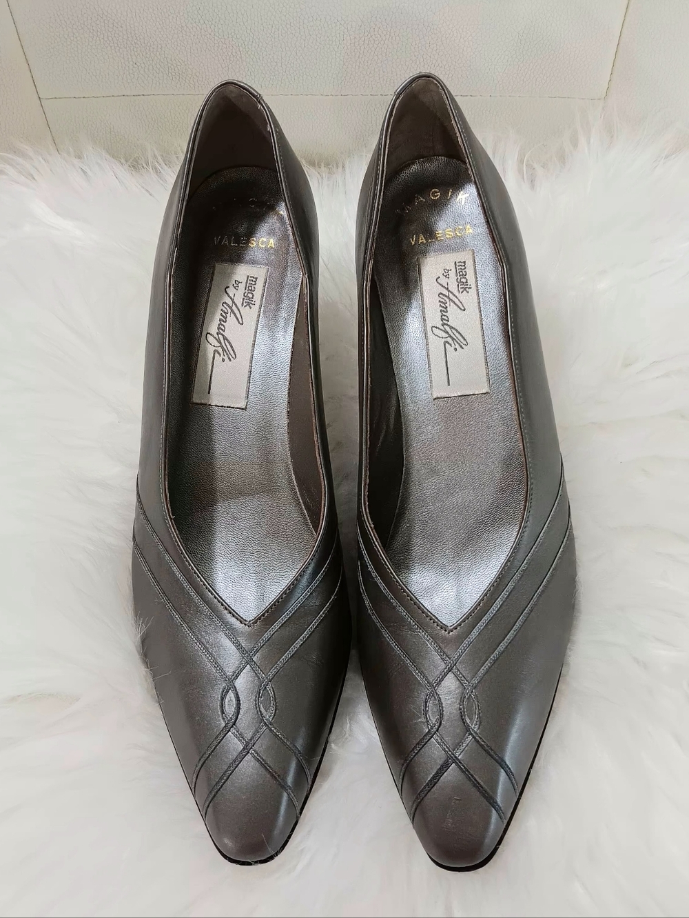 VTG Magik Amalfi Gray Almond Toe Women's 9AAA Leather Kitten Heels Pumps Handmad
